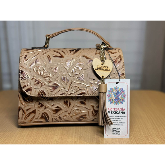 Gold Camel Beige Sunflower Embossed Tooled Artisan LEATHER Crossbody bag Purse - Picture 11 of 16